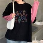 Long-sleeve Cartoon Print Mock Two-piece T-shirt