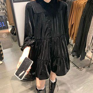 Long-sleeve Loose Fit Layered Velvet Dress Black - One Size