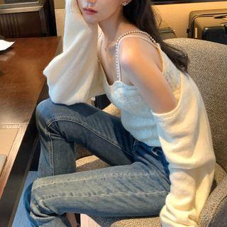 Set: Faux Pearl Trim Knit Camisole + Long Sleeve Plain Cardigan