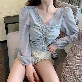 Long-sleeve Paneled Drawstring Blouse