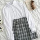 Long-sleeve Plain Shirt / High-waist Plaid Skirt