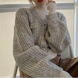 Cropped Cardigan / Turtleneck Long-sleeve Top / Plaid Mini A-line Skirt