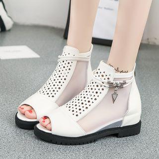 Mesh Panel Hidden Wedge Peep Toe Ankle Boots