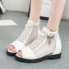 Mesh Panel Hidden Wedge Peep Toe Ankle Boots