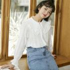 Collared Eyelet Trim Bell-sleeve Blouse White - One Size