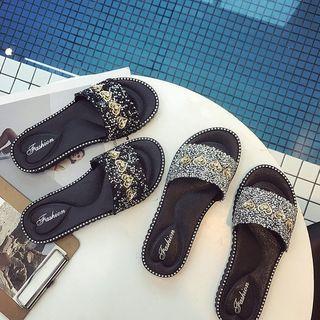 Heart Details Sequined Slide Sandals