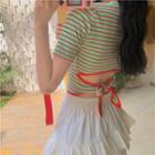 Short-sleeve Striped Drawstring Back Tee / High-waist Layer Pleated Skirt