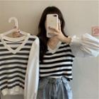 Long-sleeve Striped Knit Panel Blouse