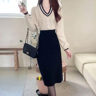 Knit Set: Cable-knit Sweater + Midi Skirt