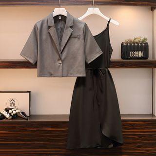 Set: Single-button Short-sleeve Blouse + Spaghetti Strap Shift Dress