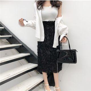 Plain Tassel High-waist Midi Skirt