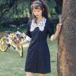 Two-tone Elbow-sleeve Double-breasted Mini A-line Blazer Dress