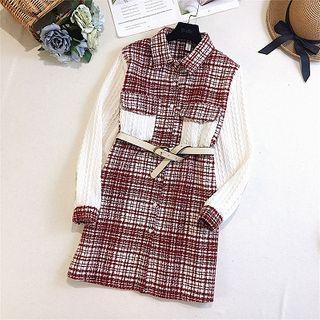 Color-block Plaid Long-sleeve A-line Dress