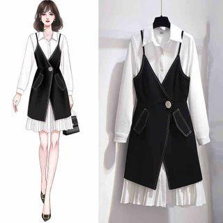 Set: Long-sleeve Mini A-line Shirt Dress + Spaghetti Strap Dress