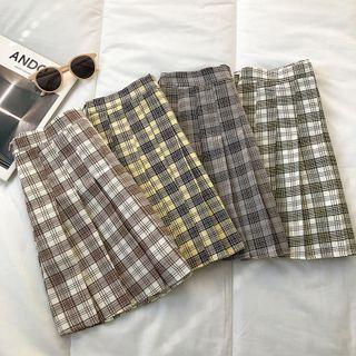 Check High-waist A-line Pleated Skirt