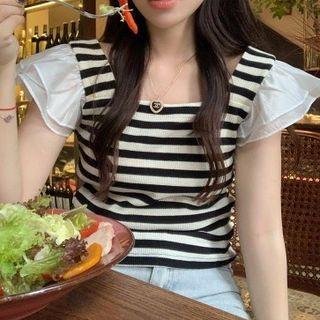 Short-sleeve Striped Top Stripes - Black & Almond - One Size
