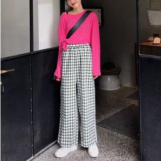 Crew-neck Long-sleeve T-shirt / Checked Wide-leg Pants