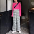 Crew-neck Long-sleeve T-shirt / Checked Wide-leg Pants