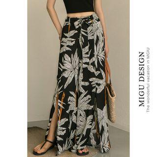 Leaf Print Slit Wide Leg Chiffon Pants