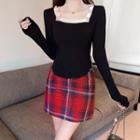 Long-sleeve Square-neck Top / Plaid Mini Pencil Skirt