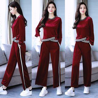 Set: Contrast Trim Velvet Pullover + Velvet Wide Leg Pants