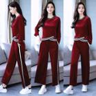 Set: Contrast Trim Velvet Pullover + Velvet Wide Leg Pants