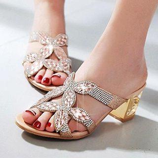 Embellished Block Heel Slide Sandals