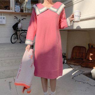 Wide-collar Contrast-trim Knit Dress