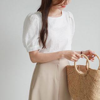 Round-neck Puff-sleeve Textured Blouse