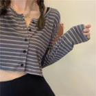 Long-sleeve Striped Button-up Crop Top Stripes - Gray - One Size