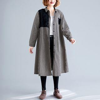 Floral Embroidered Paneled Gingham Shirt Dress Plaid - Black - One Size