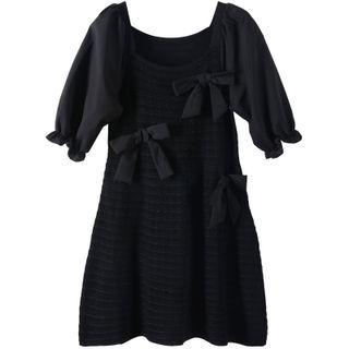 Elbow-sleeve Bow A-line Knit Dress