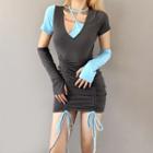 Set: Short-sleeve Mini Sheath Dress + Arm Sleeves