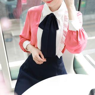 Cutout Contrast-panel Frilled Blouse Coral - One Size
