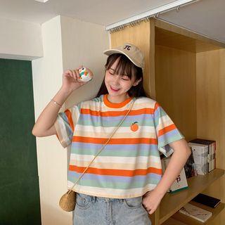 Fruit Embroidered Rainbow Striped T-shirt