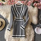Long Sleeve V-neck Check Bodycon Dress White - One Size