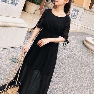 Elbow-sleeve Split Maxi Chiffon Dress