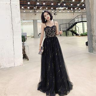 Sequined Spaghetti Strap A-line Evening Gown