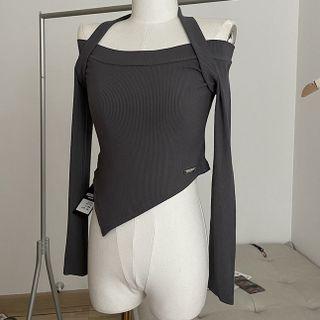 Long-sleeve Off-shoulder Asymmetrical Cropped T-shirt