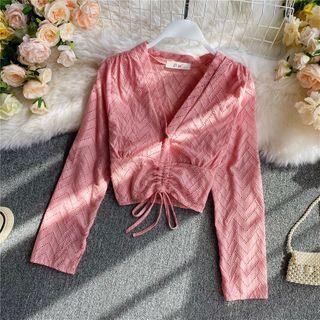 V-neck Drawstring Lace Long-sleeve Top