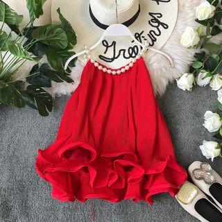 Sleeveless Faux Pearl Trim Ruffled Chiffon Top