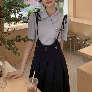 Short-sleeve Asymmetrical Shirt / Pleated Midi Overall Dress