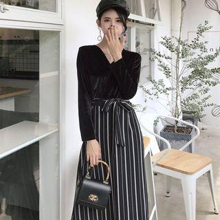 Striped Mock Two-piece A-line Velvet Dress