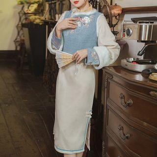 Long-sleeve Slit Qipao / Fluffy Trim Embroidered Vest