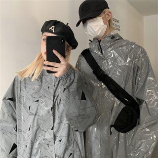Printed Zip Drawstring Hem Hooded Jacket