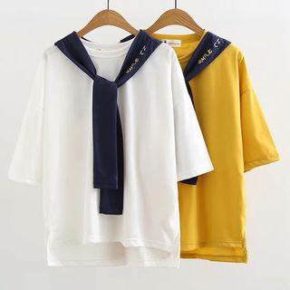 Sailor Collar Embroidered Elbow-sleeve T-shirt