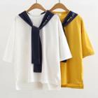 Sailor Collar Embroidered Elbow-sleeve T-shirt