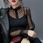 Long-sleeve Dotted Mesh Mock-neck Top