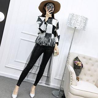 Long-sleeve Fringe-trim Check Paneled Dress
