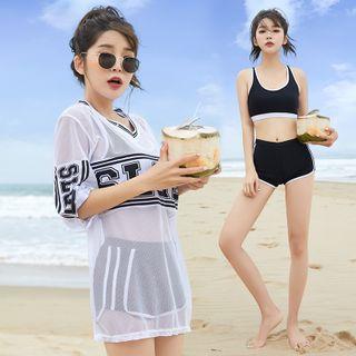 Set: Contrast Trim Bikini Top + Swim Shorts + Short Sleeve Printed Cover-up